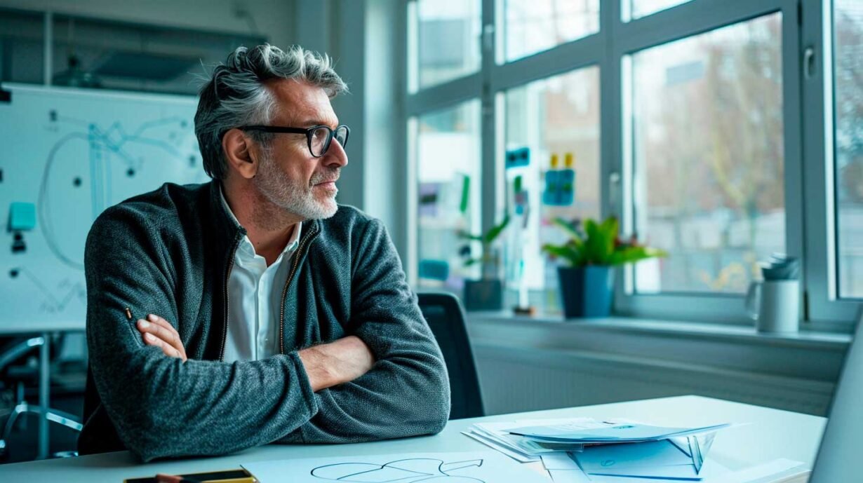 Older man with gray hair and glasses sits at a white desk in a bright office, arms crossed, looking out the window.
