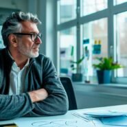Older man with gray hair and glasses sits at a white desk in a bright office, arms crossed, looking out the window.